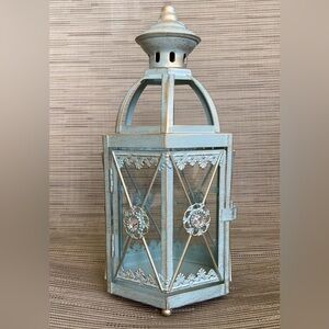 Pier 1 Imports 9.5 x4” Blue Glass Metal Jeweled Lantern Candle Holder NEW